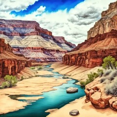 Fototapeta na wymiar Colorado Grand Canyon watercolor illustration made with Generative AI 