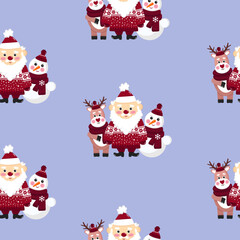 Simple Christmas seamless pattern with Santa Claus, Deer and Snowman