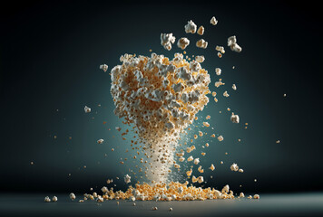 Popcorn exploding on a red background. flying popcorn. Generative ai
