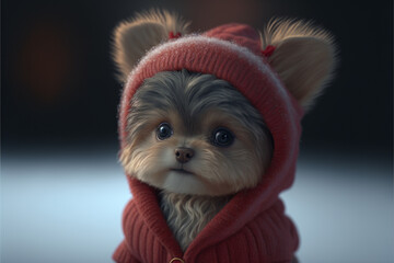 snow adorable yorkie baby girl dressed in a santa clause coat and santa red hat Christmas festive ,generative ai. - obrazy, fototapety, plakaty