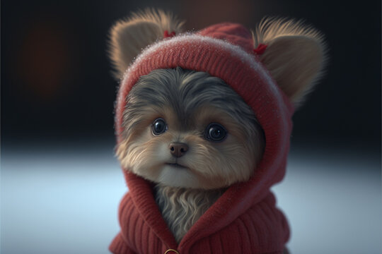 snow adorable yorkie baby girl dressed in a santa clause coat and santa red hat Christmas festive ,generative ai.