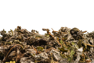 Dry tea leaves and dry fruit isolated on white background.