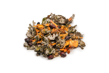 Dry tea leaves and dry fruit isolated on white background.