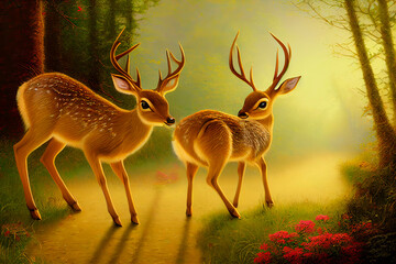 Fototapeta premium Deer in the forest, in the wild. A small baby of a deer. Illustration for advertising, cartoons, games, print media. My collection of animals.