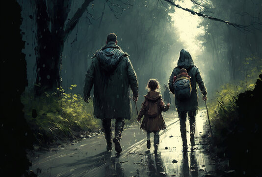 Family traversing a road in the rain. Generative AI