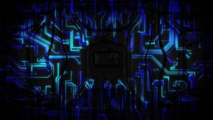 Energy flowing through the circuitry visualizing the digital operation of a computer.Good for technology,intro,screen saver,electronic computer website store. Blue circuit board background - Powered by Adobe