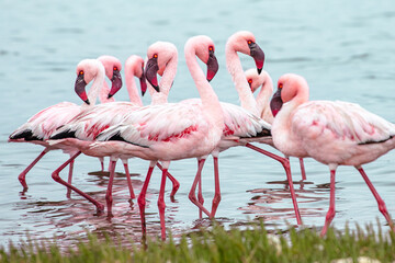 Namibia Flamingos. Group of Pink Flamingos Birds near Walvis Bay, the Atlantic Coast of Namibia. Skeleton Coast. Africa. 