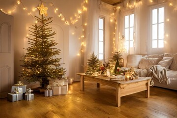 Fototapeta na wymiar Cozy vintage Christmas holdiay decorated room with Christmas tree, fireplace, candles, toys, carpet and armchair.
