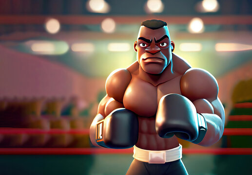 athletic black boxer guy in a boxing ring ready for action with copyspace
