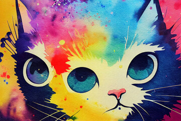 Cute colorful cat. Watercolor kids illustration with domestic animal