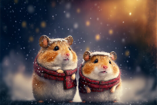 crowd of fluffy cute hamsters in christmas outfits and christmas festive snow background,generative ai.