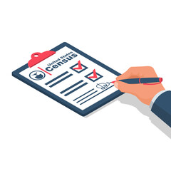 Census concept. Process of collecting and analyzing population demographic data. Government worker makes census. Clipboard in pen in hand. Vector illustration isometric design. Folder with documents.
