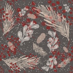 Hand drawn winter floral pattern, repeating seamless background for Christmas in calm muted colors for the holiday season.