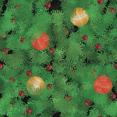 Hand drawn green Christmas tree branch garland with bulb ornaments and berries on an isolated black background, seamless repeating pattern background for Xmas holiday designs. 