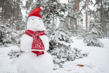 Naklejka na ściany i meble Christmas snowman in red scarf, fabulous snowy day. Beautiful winter background.