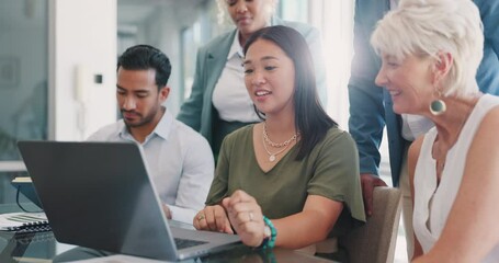 Laptop, video call and communication of business people in office for corporate team update on internet. Business meeting, discussion and video conference of interracial workers in New York, USA. - Powered by Adobe