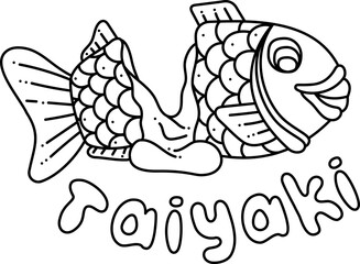 Naklejka premium Taiyaki single doodle. Cute Asian sweet stuffed fish. Cartoon white and black vector illustration.