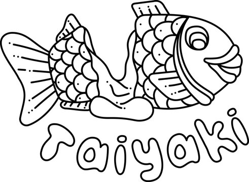 Taiyaki single doodle. Cute Asian sweet stuffed fish. Cartoon white and black vector illustration.