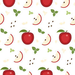 Seamless pattern of red apples and leaves on white