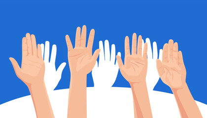 Obraz premium We stand together, vector people raise their hands