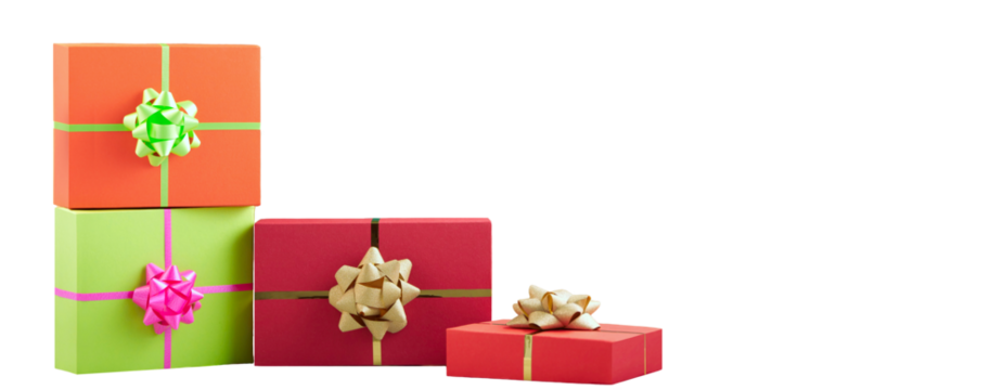 Christmas banner with many red gift boxes tied golden ribbons. Happy New 2023 Year and christmas gift border with free copy space for text. png