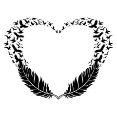 Black feather heart with flying birds, illustration over a transparent background, PNG image - 554069558