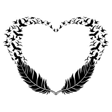 Black feather heart with flying birds, illustration over a transparent background, PNG image