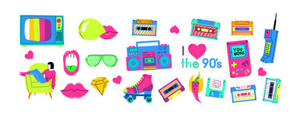 Set of the patch Badges with tape recorder, cassette, rolls, tv and sheet music. Pop art elements on a white background