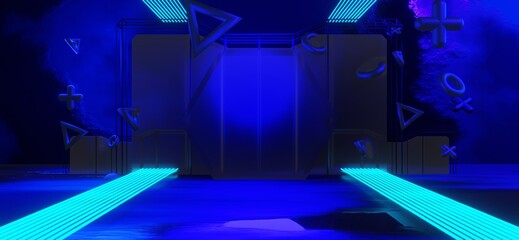 gaming background abstract wallpaper, cyberpunk style scifi game, neon glow of stage scene in pedestal room, 3d illustration rendering, esports team concept
