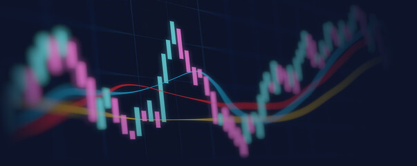 Financial graph with up trend line candlestick chart in stock market on neon color Widescreen background
