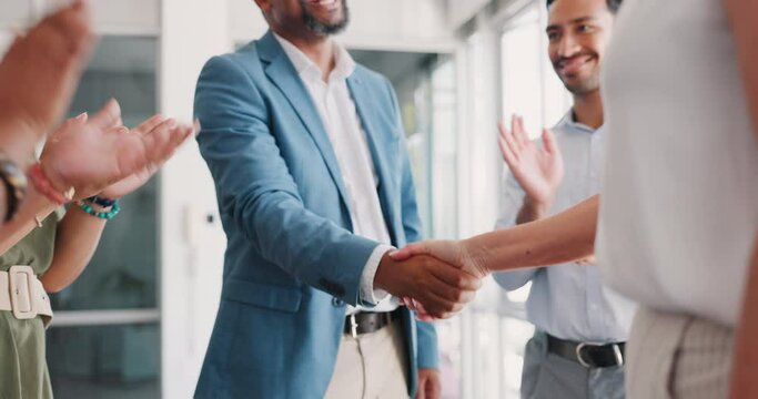 Hand shake, diversity partnership applause and business people celebrate b2b collaboration, negotiation or merger deal. Shaking hands, thank you and onboarding welcome handshake with clapping team