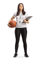 Full length portrait of a female basketball coach with a whistle holding a clipboard