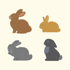 Set of cartoon rabbits. Fluffy hares of different colors. New Year or Easter hares for a poster. Vector illustration