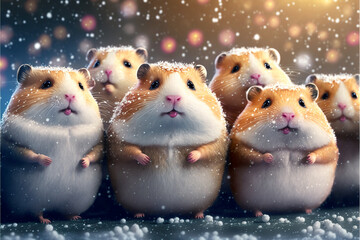 crowd of fluffy cute hamsters in christmas outfits and christmas festive snow background,generative ai.