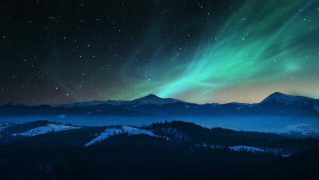 Aurora Borealis or  Northern Lights, mountain scenery landscape at night. Great for Relaxing Ambient backgrounds. Polar lights, winterscape concept