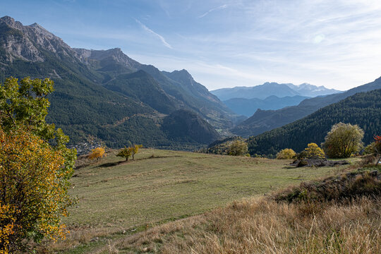 Landscape in the mountains as seen from Puy-Saint-Andre, near Briancon, Hautes-Alpes, France