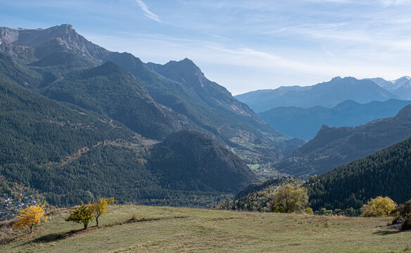 Landscape in the mountains as seen from Puy-Saint-Andre, near Briancon, Hautes-Alpes, France