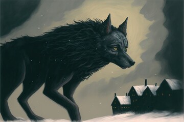 Wolf at night surreal illustration made with Generative AI

