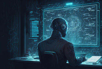 Employee of a cyber security firm creating blockchain based database processing technology. In order to safeguard mainframe encrypted information, a cybernetic officer is developing machine learning s