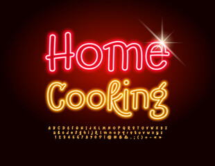 Vector glowing sign Home Cooking. Bright neon Font. Electric Alphabet Letters and Numbers set