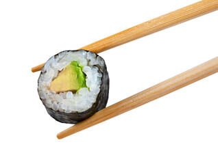 chopsticks holding a piece of sushi