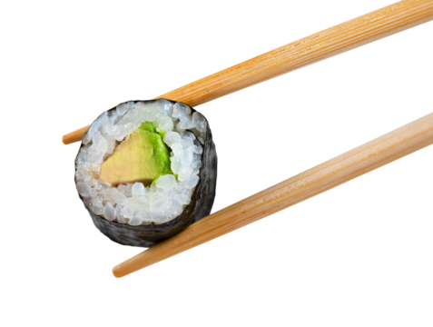 chopsticks holding a piece of sushi