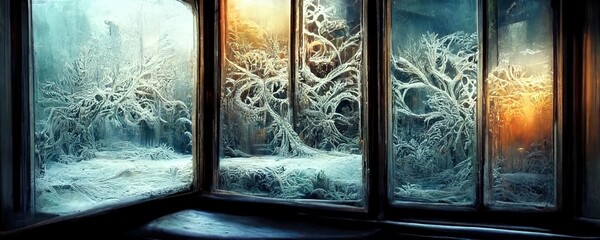 Magical windows, frozen glass fantasy art, winter scenery through a window, ice on glass, winter portal, generative ai illustration