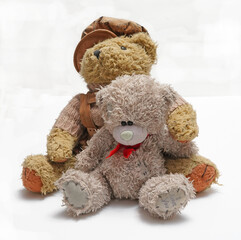 Two Teddy bears sitting together on a white background