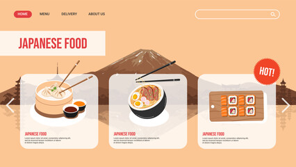 Japanese cuisine restaurant's landing page with a menu and a selection of dishes for delivery. Vector template. Asian food concept.