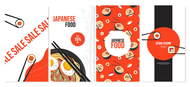 Templates for social media, advertising with Japanese food, rolls, sushi and ramen soup. Vector illustration. - Powered by Adobe