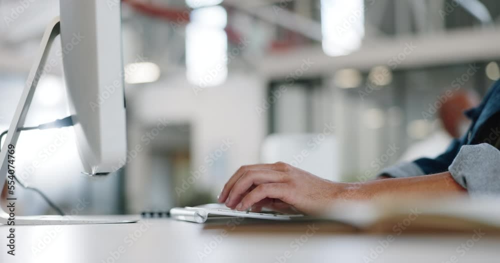 Aufkleber Hands, typing and computer with a business man at work on a report, project or deadline in his office. Data, email and web with a male employee working on a desktop for networking or communication