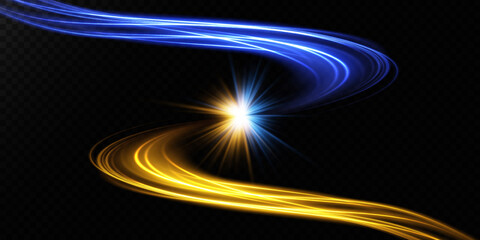 Abstract light lines of movement and speed in blue and gold. Light everyday glowing effect. semicircular wave, light trail curve swirl, car headlights, incandescent optical fiber png.