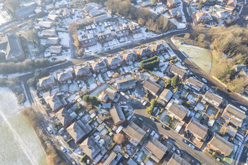 Aerial Houses Residential British England Drone Above View Summer Blue Sky Estate Agent. Snow, winter weather