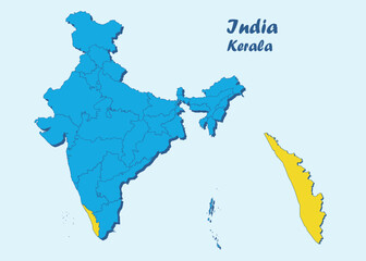 Political boundaries of Kerala. Kerala map. Kerala state. States and union territories of India, Federated states, Republic of India. Kerala map illustration
